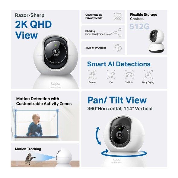 TP-Link Pan/Tilt AI Home Security WiFi Camera - Tapo 2K QHD TC72 - Image 2