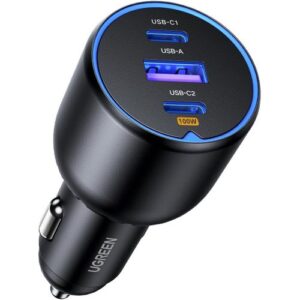 Power up your road trips with the UGREEN 130W 3-Port Fast Car Charger in sleek black.