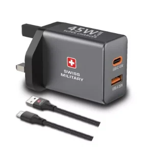 SWISS MILITARY USB-C TO USB-A 45W CHARGER + SWISS MILITARY 60W USB-C TO USB-C 2M CABLE