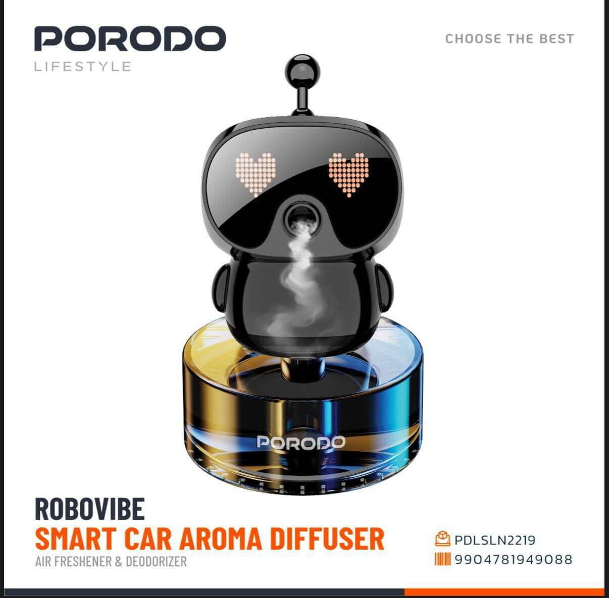 Experience a new level of relaxation and freshness on the road or at home with the PORODO Lifestyle Robovibe Smart Car Aroma Diffuser – Black (PDLSLN2219).