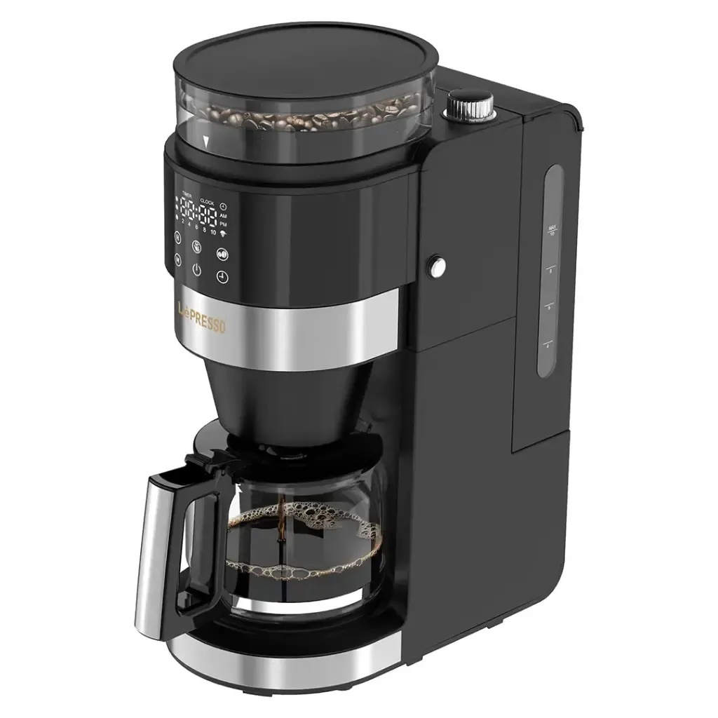 Start every morning with the perfect cup using the LEPRESSO GrindBrew Pro Coffee Brewer with Bean Grinder (Model: LPCFFM0043).