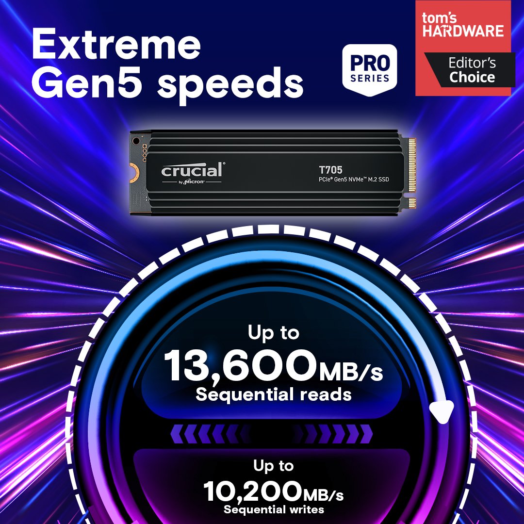 Crucial T705 1TB PCIe Gen5 NVMe M.2 SSD with Heatsink - Ultra-Fast Storage with Advanced Cooling - Image 2