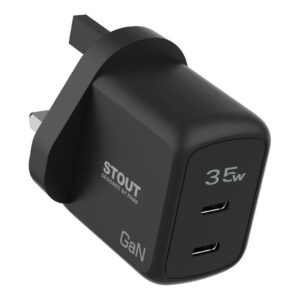PAWA STOUT GAN TRAVEL CHARGER WITH DUAL PD PORT 35W UK STANDARD TYPE C TO TYPE C CABLE BLACK PW-GN35UKTT-BK