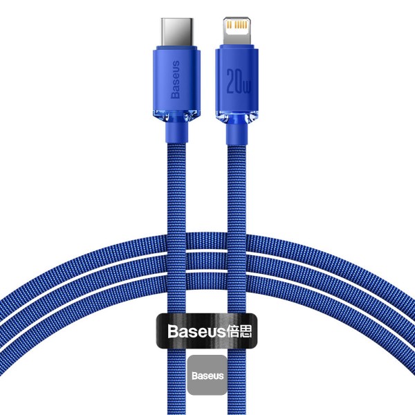 Experience fast, stylish, and efficient charging with the BASEUS Crystal Shine 20W Type-C to Lightning Cable in a stunning blue finish.
