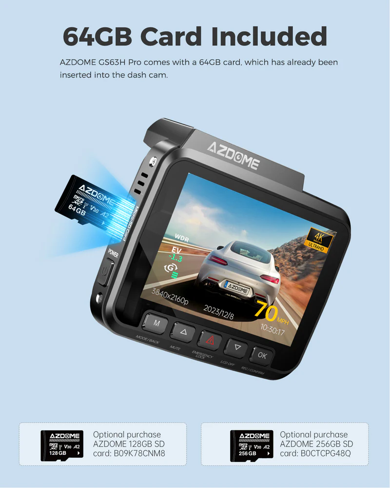 AZDOME 4K Front and Rear Dash Camera Kit with Wi-Fi, GPS, 64GB Memory Card - GS63H Pro - Image 4