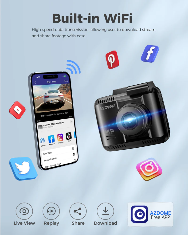 AZDOME 4K Front and Rear Dash Camera Kit with Wi-Fi, GPS, 64GB Memory Card - GS63H Pro - Image 6