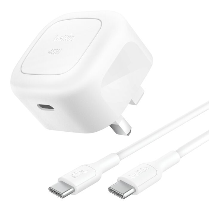 Experience fast, efficient charging with the BELKIN BOOST CHARGE Compact USB-C Wall Charger 45W in White.