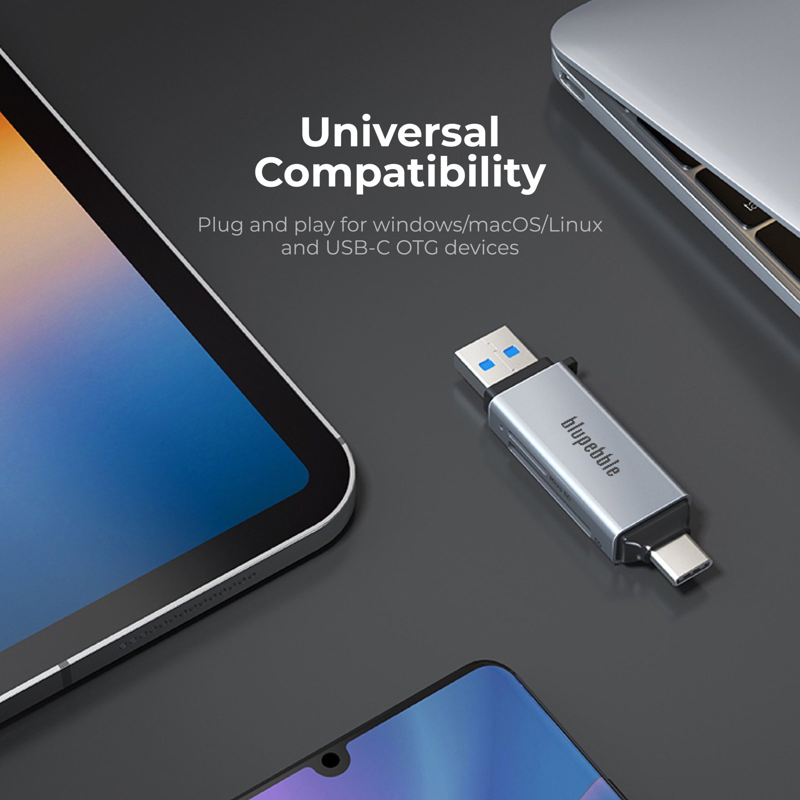 BLUPEBBLE USB3.0 A+USB TYPE C CARD READER BP-ACMCD2AG-GY - Image 6