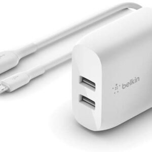 BELKIN DUAL USB 24W USB A TO MICRO USB CABLE WALL CHARGER WHITE WCE002MY1MWH