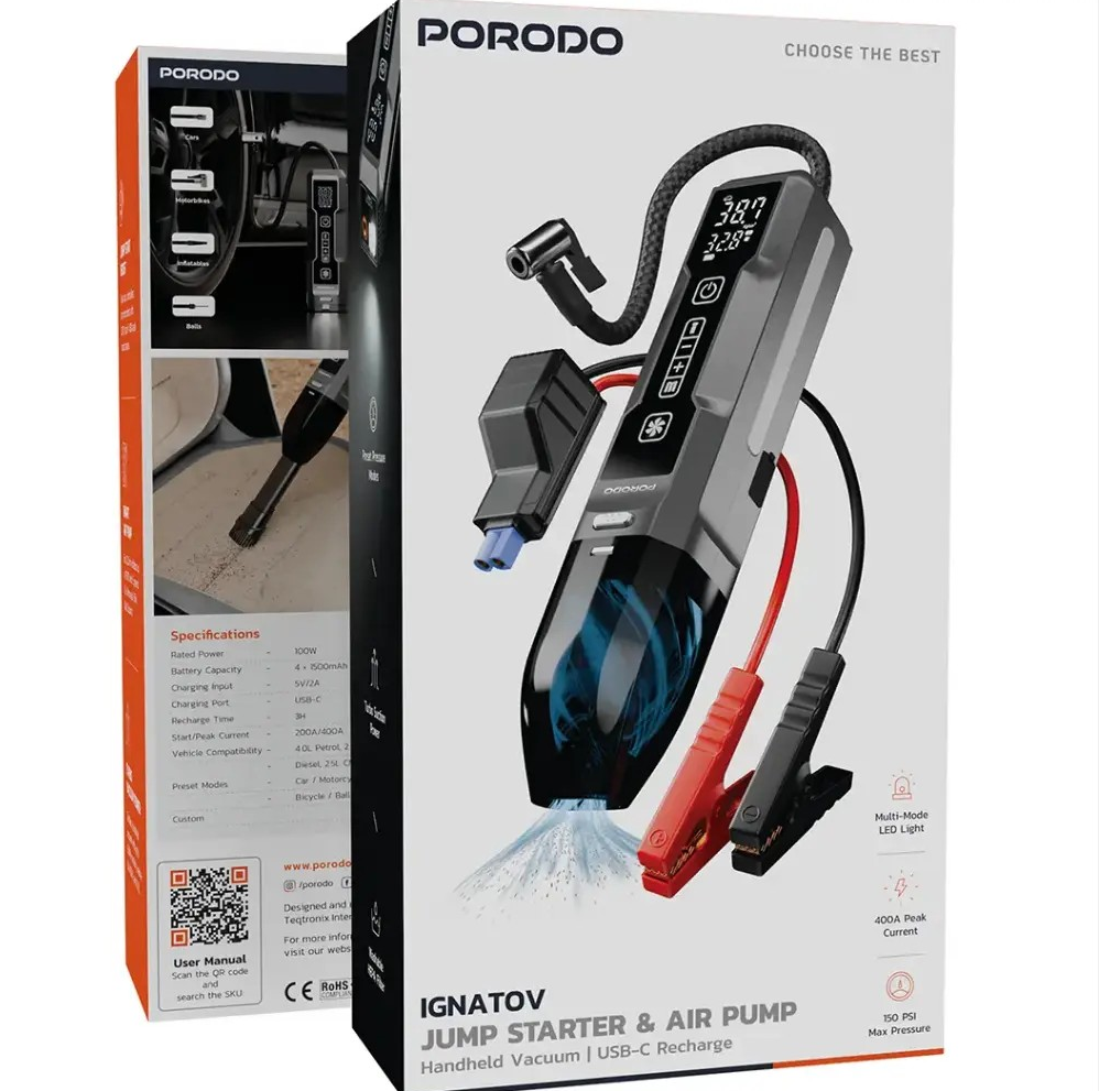 PORODO IGNATOV JUMP STARTER AIR PUMP WITH HANDHELD VACCUM USB C RECHARGE BLACK PDJS41BK