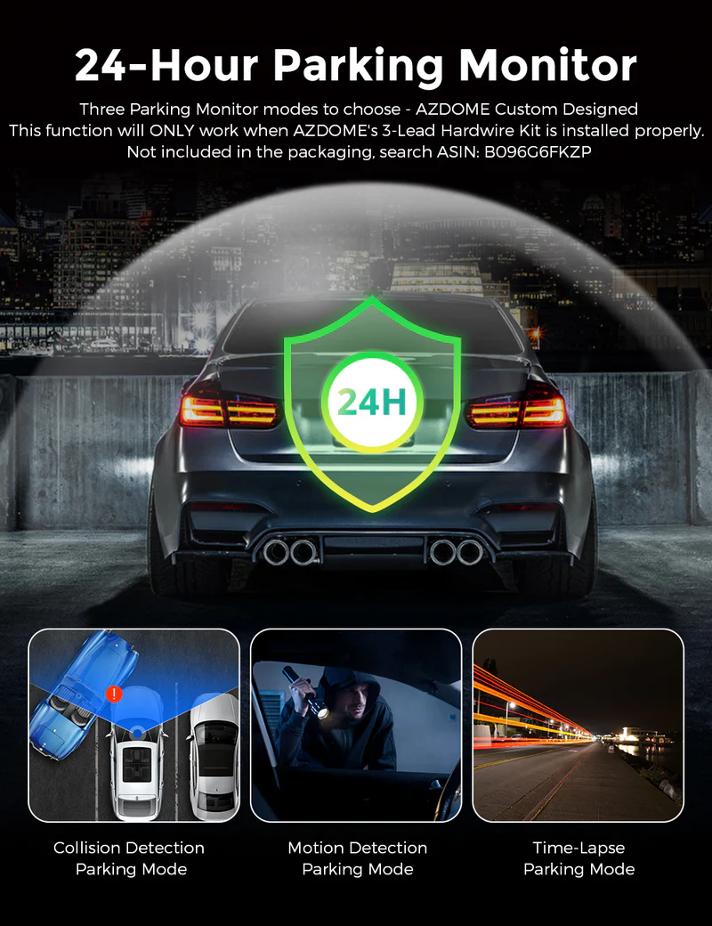AZDOME 4K Front and Rear Dash Camera Kit with 3.19-Inch Screen, IR Night Vision, 24H Parking Mode - M550 - Image 5