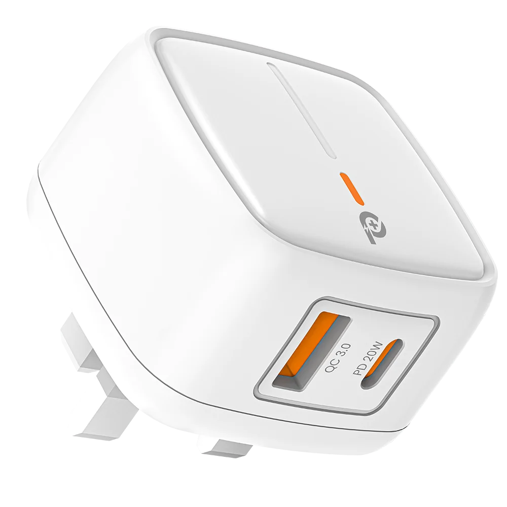 Discover the ultimate blend of efficiency and elegance with the PowerO Plus British PD + QC 20 W Wall Charger (PR‑TCP20UK‑WH).