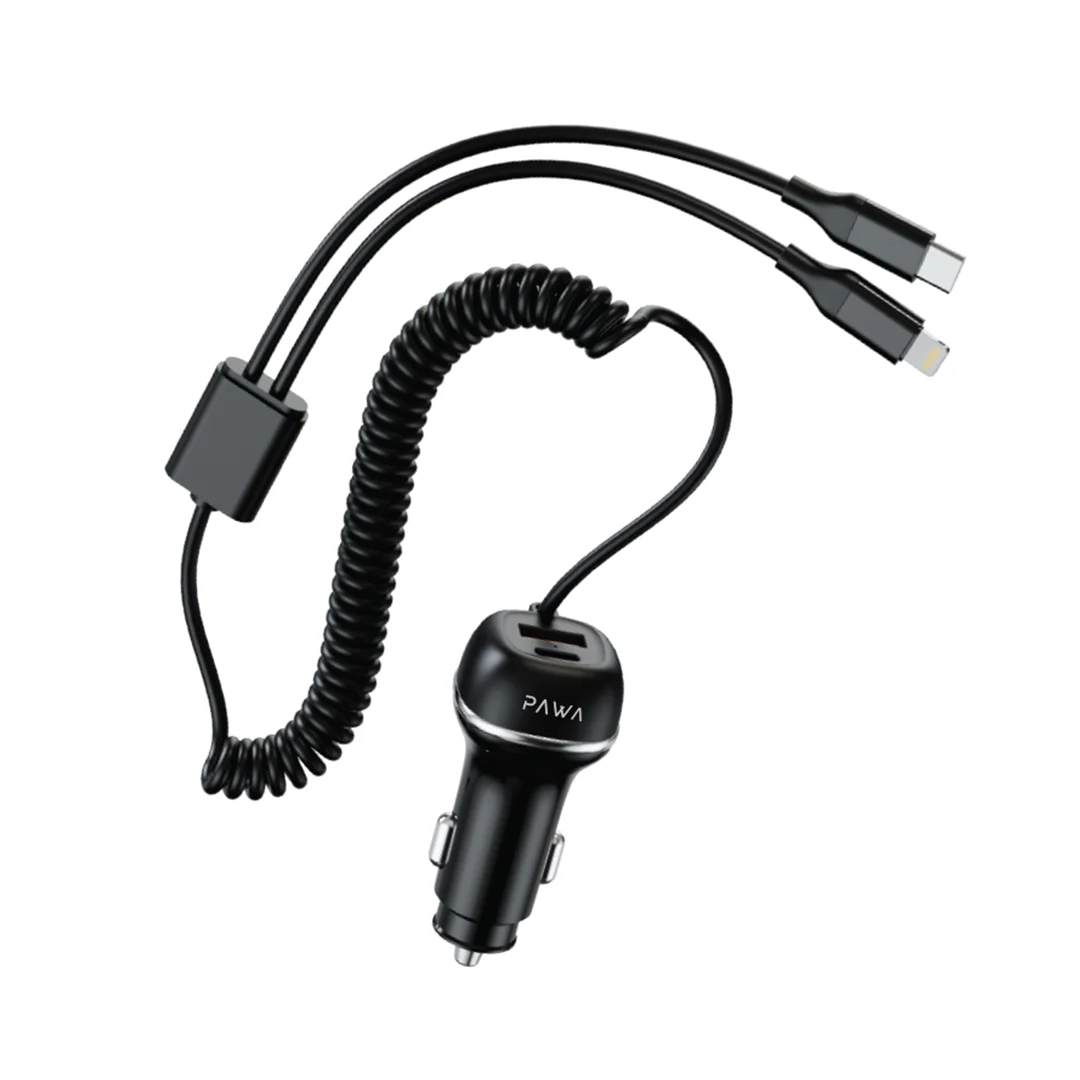 Stay powered up on the road with the PAWA Solid Car Charger Dual Port PD+QC 68W Black