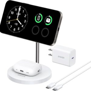 ANKER MAGGO WIRELESS 2-IN-1 DOCK STAND CHARGER AND 5FT USB C TO USB C CABLE WHITE A25M7H21