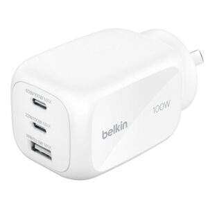 BELKIN BOOST CHARGE PRO 3 PORT GAN WALL CHARGER 100W+ INTERCHANGEABLE PLUG TIP WHITE WCH016HQWH