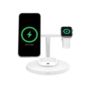 Power all your Apple essentials in one sleek solution with the BELKIN BOOST CHARGE PRO 15W 3-in-1 Wireless Charging Stand with MagSafe – White (WIZ032MYWH)