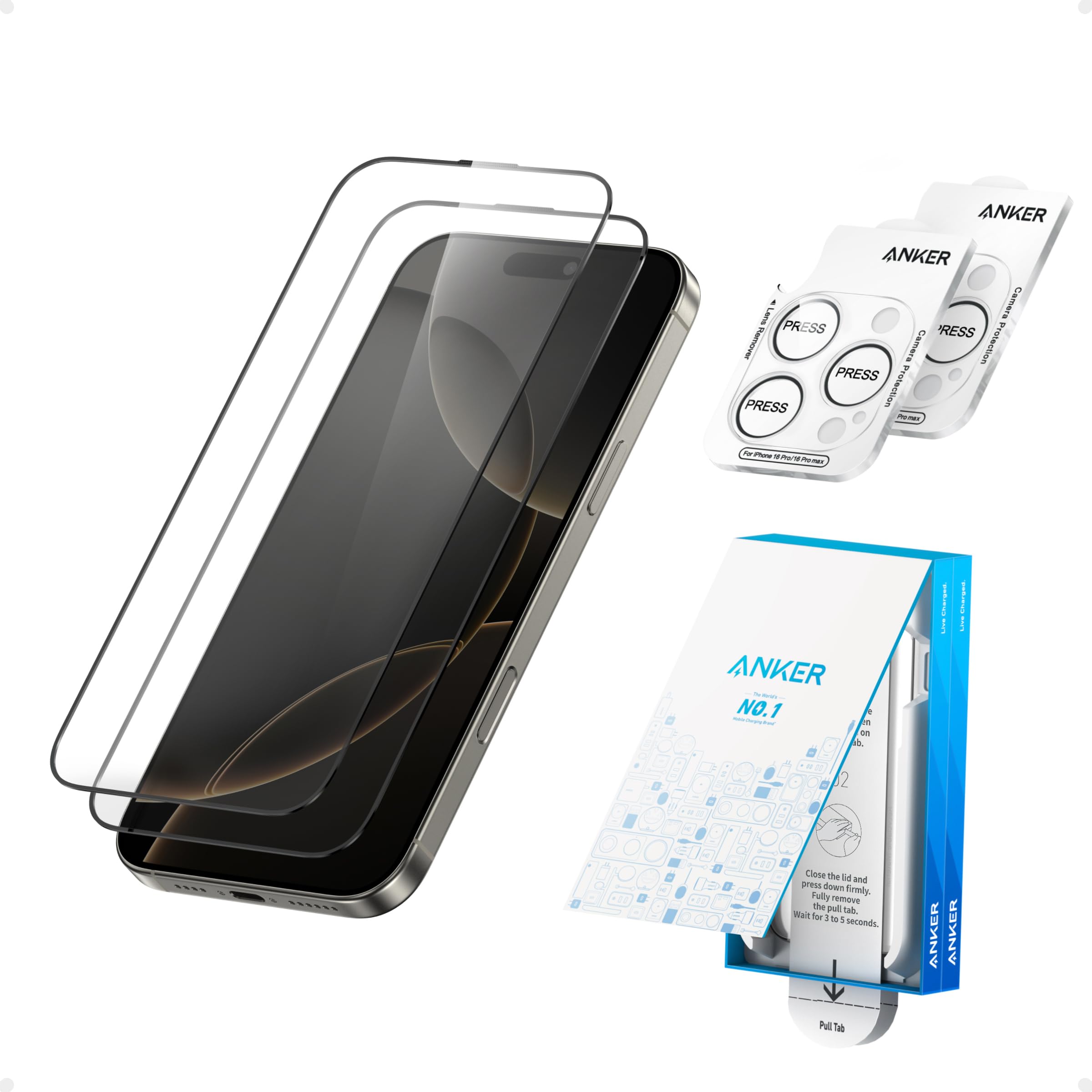 Protect your iPhone 16 Pro in style with the Anker Premium Glass Screen Protector and Camera Lens Set (A720FHVA).