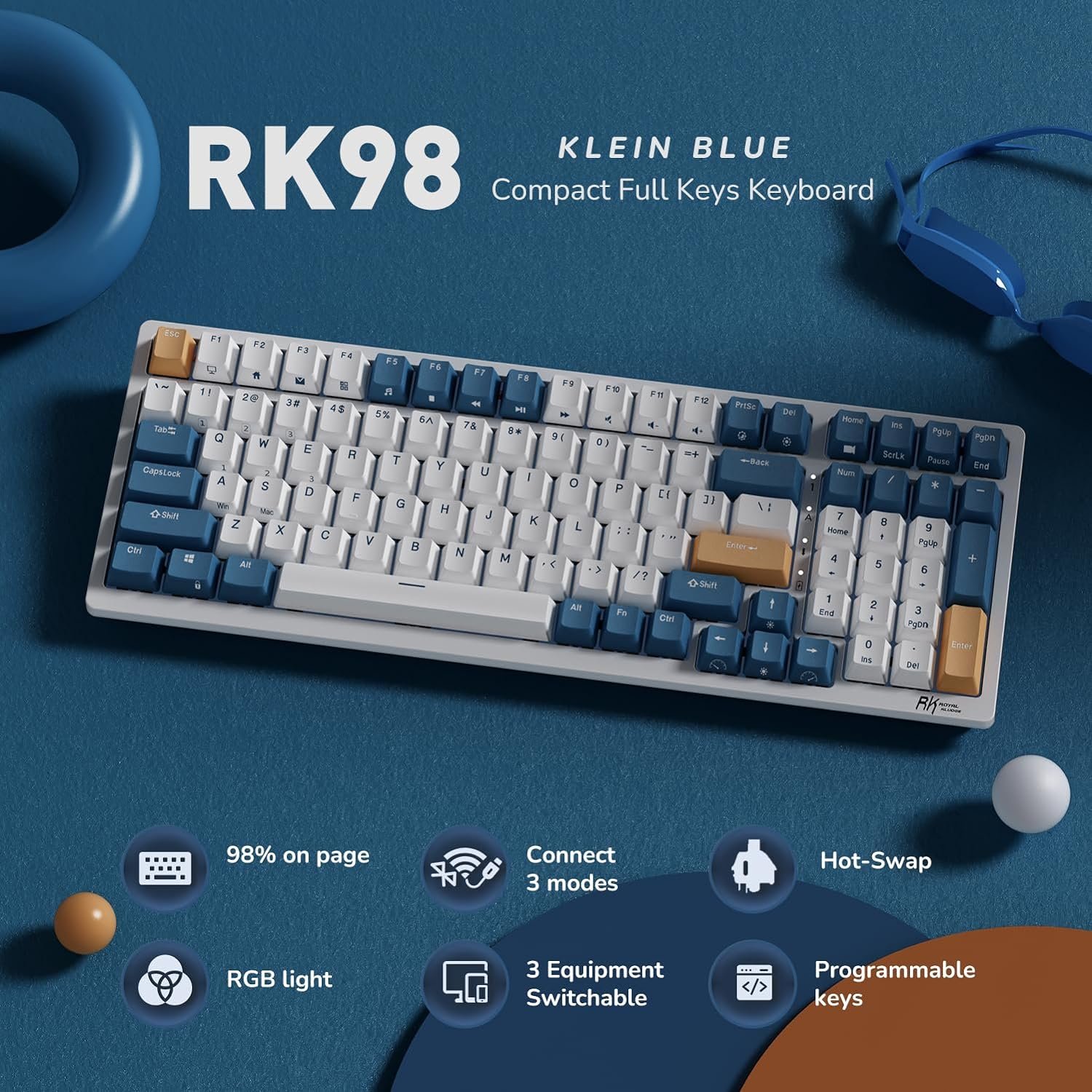 Royal Kludge RGB Tri-Modes Hot-Swap Gaming Keyboard with Brown Switches in Klein Blue - RK98 - Image 2