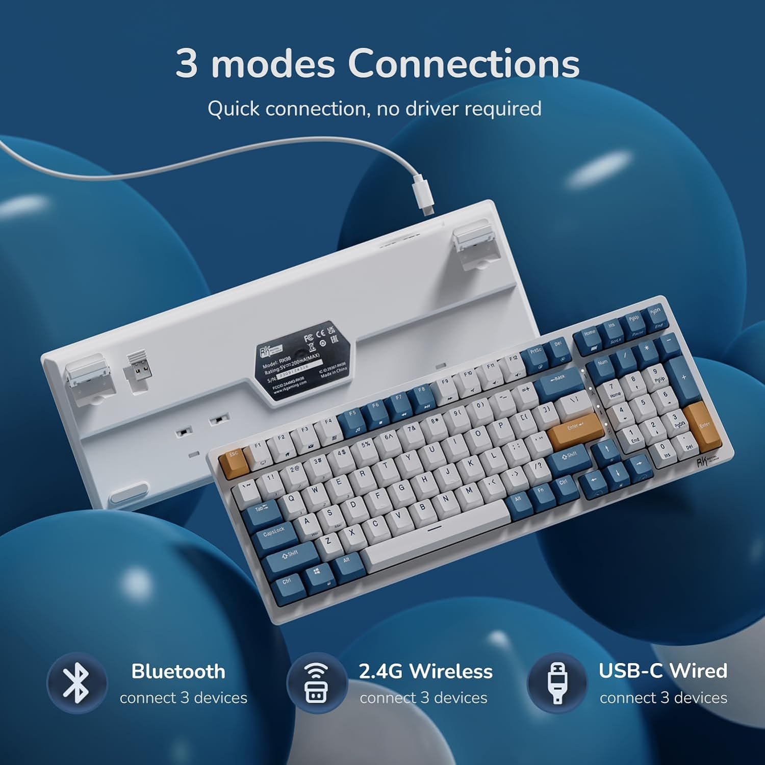 Royal Kludge RGB Tri-Modes Hot-Swap Gaming Keyboard with Brown Switches in Klein Blue - RK98 - Image 8