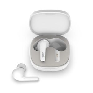Upgrade your listening experience with the Belkin SoundForm Flow Noise Cancelling Earbuds in White (Model AUC006BTWH).