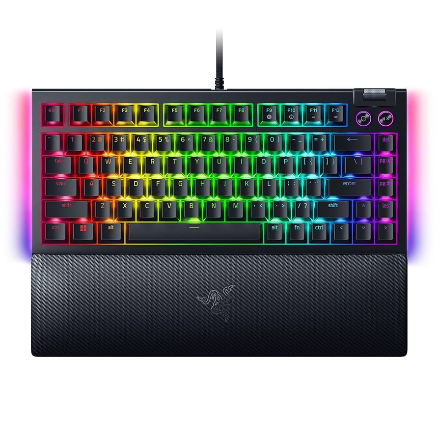 Elevate your gaming setup with the RAZER BlackWidow V4 75%, a hot-swappable mechanical gaming keyboard engineered for elite performance and immersive customization.