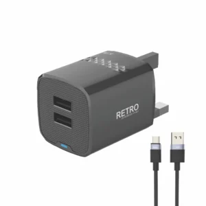 PAWA RETRO 3.1A DUAL USB UK CHARGER WITH USB A TO MICRO CABLE BLACK PW-TCR31UKM-BK