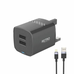 PAWA RETRO 3.1A DUAL USB UK CHARGER WITH USB A TO LIGHTNING CABLE BLACK PW-TCR31UKL-BK