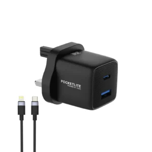 PAWA POCKETLITE TRAVEL CHARGER PD+QC PORT GAN UK STANDARD PD25W TYPE C LIGHTING CABLE BLACK PW-PL1U1PUKL-BK