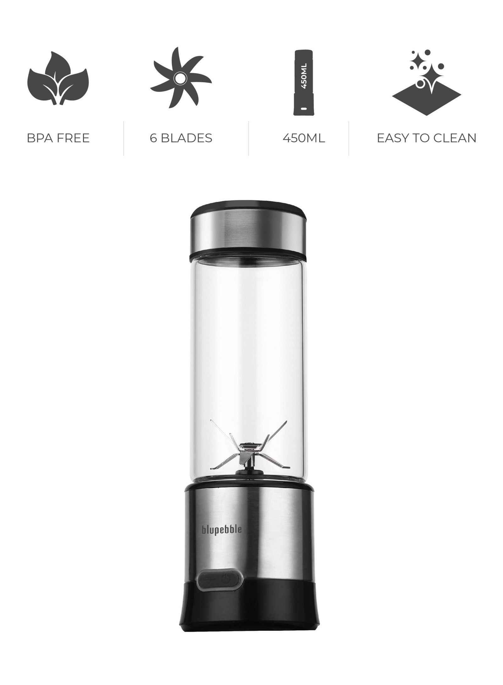 BLUPEBBLE PORTABLE RECHARGEABLE BLENDER 450ML SILVER BP-BLENDER450-SL - Image 4