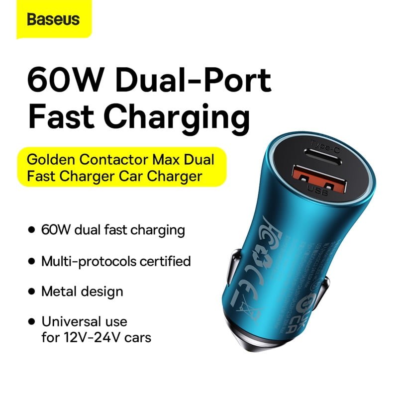 Baseus Golden Contactor Pro Dual Quick Car Charger - USB + Type-C 60W GC PRO CGJM0001 - Image 2