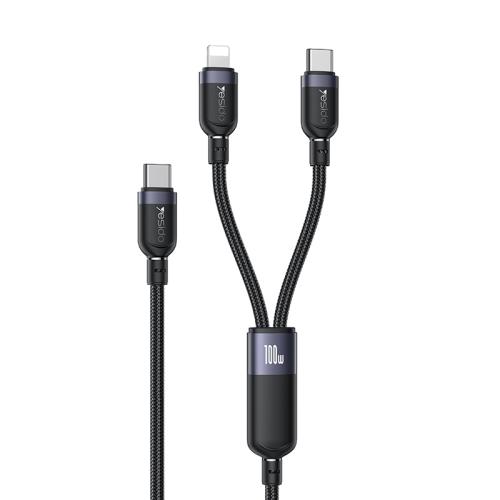 Introducing the YESIDO CA90 2-in-1 Type-C to Lightning and Type-C Cable in sleek black