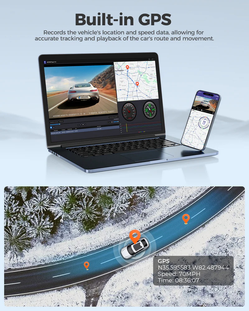 AZDOME 4K Front and Rear Dash Camera Kit with 64GB Memory Card - M300S - Image 9