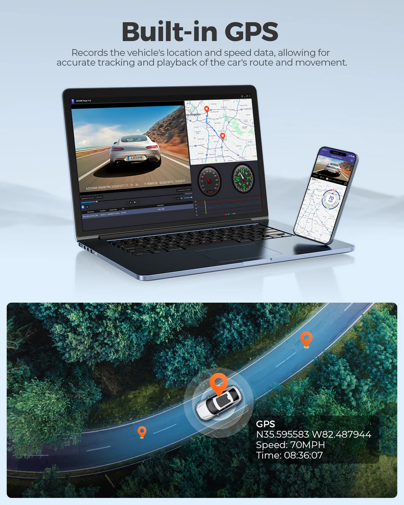AZDOME 4K Front and Rear Dash Camera Kit with Wi-Fi, GPS, 64GB Memory Card - GS63H Pro - Image 5
