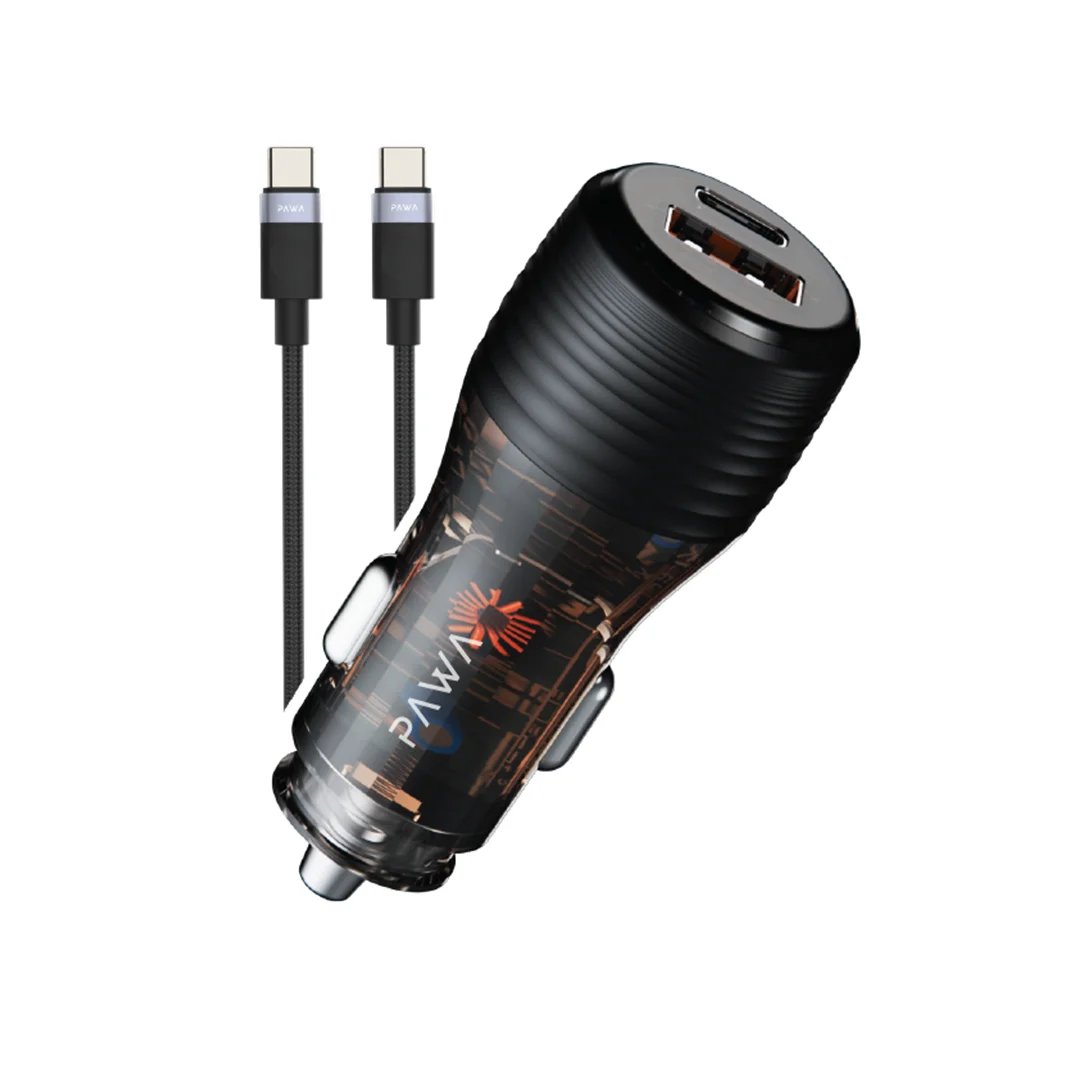 Charge your devices efficiently on the go with the PAWA Solid Car Charger Dual Port PD+QC 51W Transparent.