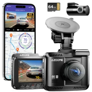 AZDOME 4K Front and Rear Dash Camera Kit with Wi-Fi, GPS, 64GB Memory Card - GS63H Pro
