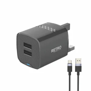PAWA RETRO 3.1A DUAL USB UK CHARGER WITH USB A TO USB-C CABLE BLACK PW-TCR31UKT-BK