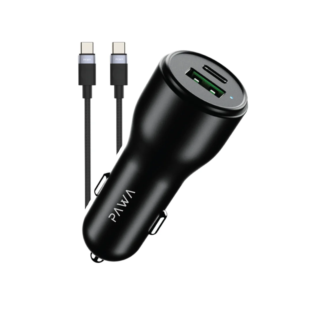 Stay powered wherever the road takes you with the PAWA Solid Car Charger Dual Port PD+QC 51W Black.