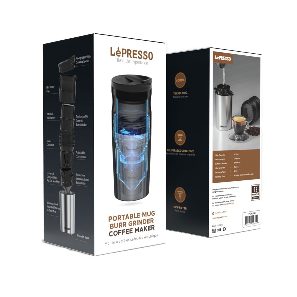 LEPRESSO PORTABLE MUG BURR GRINDER COFFEE MAKER 400ML SLIVER LPCMGSM - Image 3