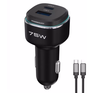 POWEROLOGY 75W DUAL PORT HIGH POWER CAR CHARGER WITH LIGHTNING CABLE BLACK/GRAY PCCSR024BKGYL