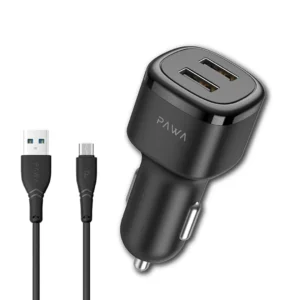 PAWA SOLID CAR CHARGER DUAL USB PORT 2.4A INCLUDES MICRO CABLE BLACK PW-24AICCM-BK