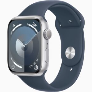 APPLE WATCH SERIES 9 GPS 45MM SILVER ALUMINIUM CASE WITH STORM BLUE SPORT BAND