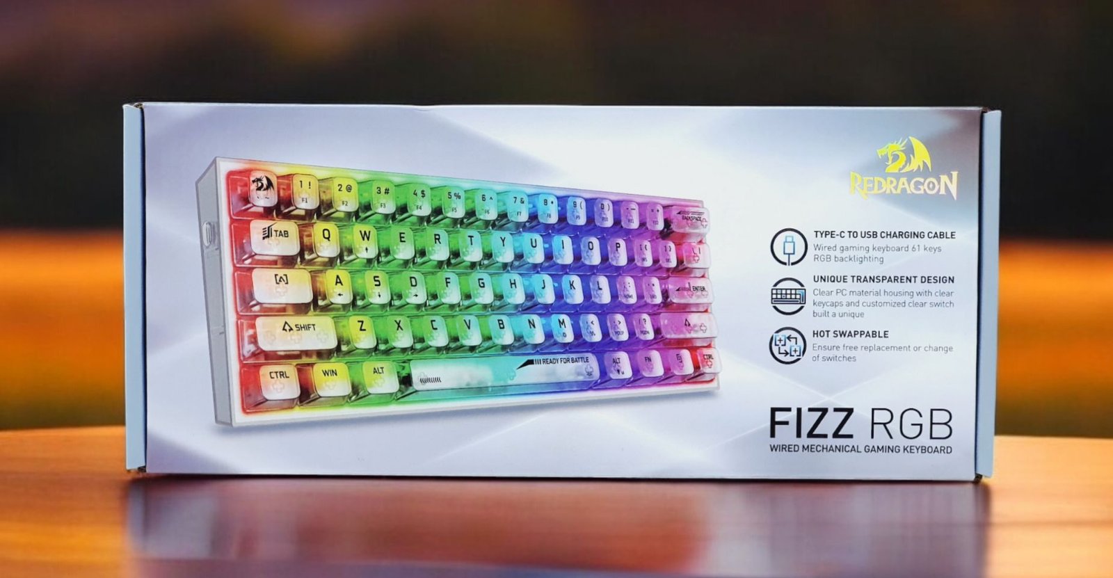 Redragon Fizz 60% Wired RGB Mechanical Gaming Keyboard (White Transparent, K617CT-RGB) - Compact Design with Customizable Lighting - Image 3