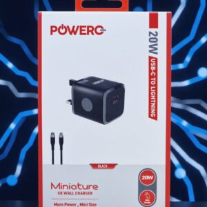 POWERO PLUS MINIATURE UK WALL CHARGER 20W USB-C TO LIGHTING CABLE BLACK PR-TCUK25L-BK