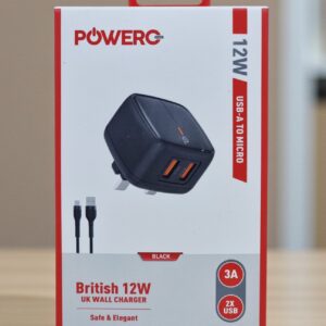 POWERO PLUS BRITISH 12W USB A TO MICRO UK WALL CHARGER 3A BLACK PR-TC24UKAM-BK