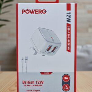POWERO PLUS BRITISH 12W USB A TO LIGHTNING UK WALL CHARGER 3A WHITE PR-TC24UKAL-WH