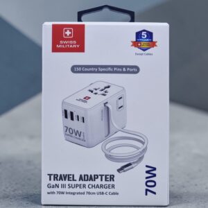 SWISS MILITARY TRAVEL ADAPTER GAN III SUPER CHARGER WITH 70W INTEGRATED 70CM USB C CABLE WHITE SM-TC-70W-GAN-MINI-CABLE-WHI