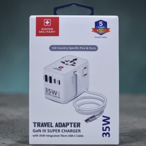 SWISS MILITARY TRAVEL ADAPTER GAN III SUPER CHARGER WITH 35W INTEGRATED 70CM USB C CABLE WHITE SM-TC-35W-GAN-MINI-CABLE-WHI