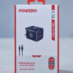 POWERO PLUS MINIATURE 3.1A USB A TO USB C UK WALL CHARGER WITH TYPE C CABLE BLACK PR-TCUK31T-BK