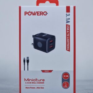 POWERO PLUS MINIATURE 3.1A USB A TO LIGHTNING UK WALL CHARGER WITH LIGHTNING CABLE BLACK PR-TCUK31L-BK