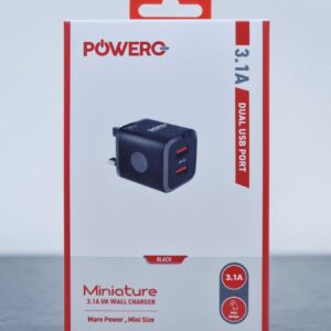 POWERO PLUS MINIATURE 3.1A DUAL USB PORT UK WALL CHARGER BLACK PR-TCUK31-BK